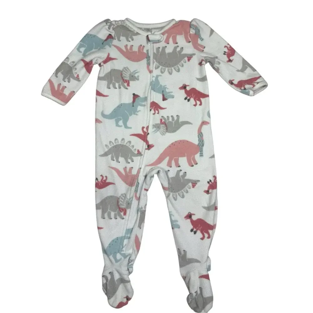 Carters Footie Sleeper PJs Girls Hearts Dinosaurs White Pink 12 Months